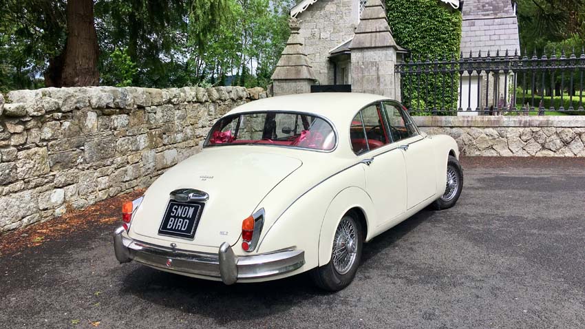 Our white Mk II Jaguar, perfect as a traditional wedding car hire