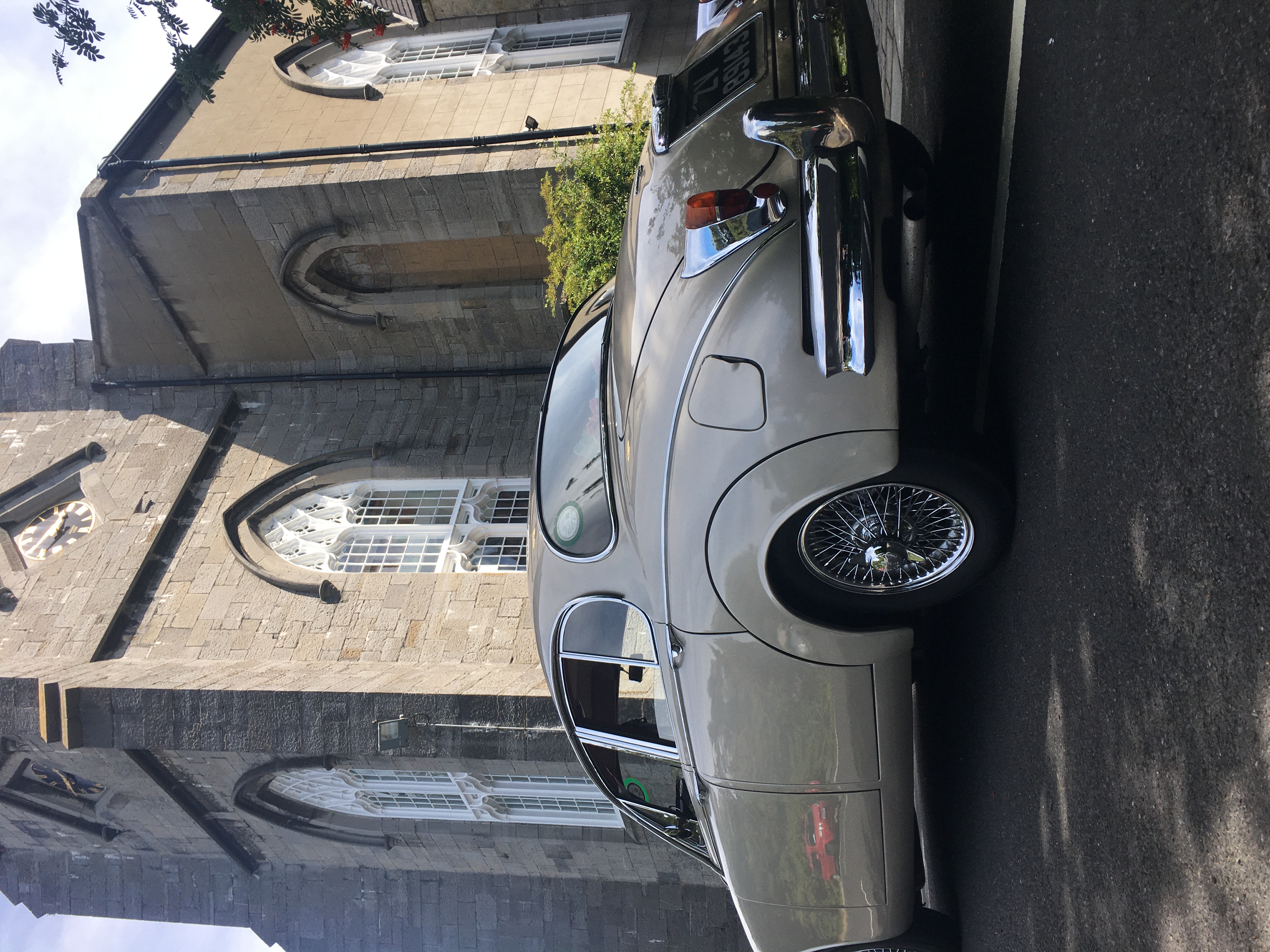 one of our Classic Jaguar wedding cars at Taney Church, Dublin