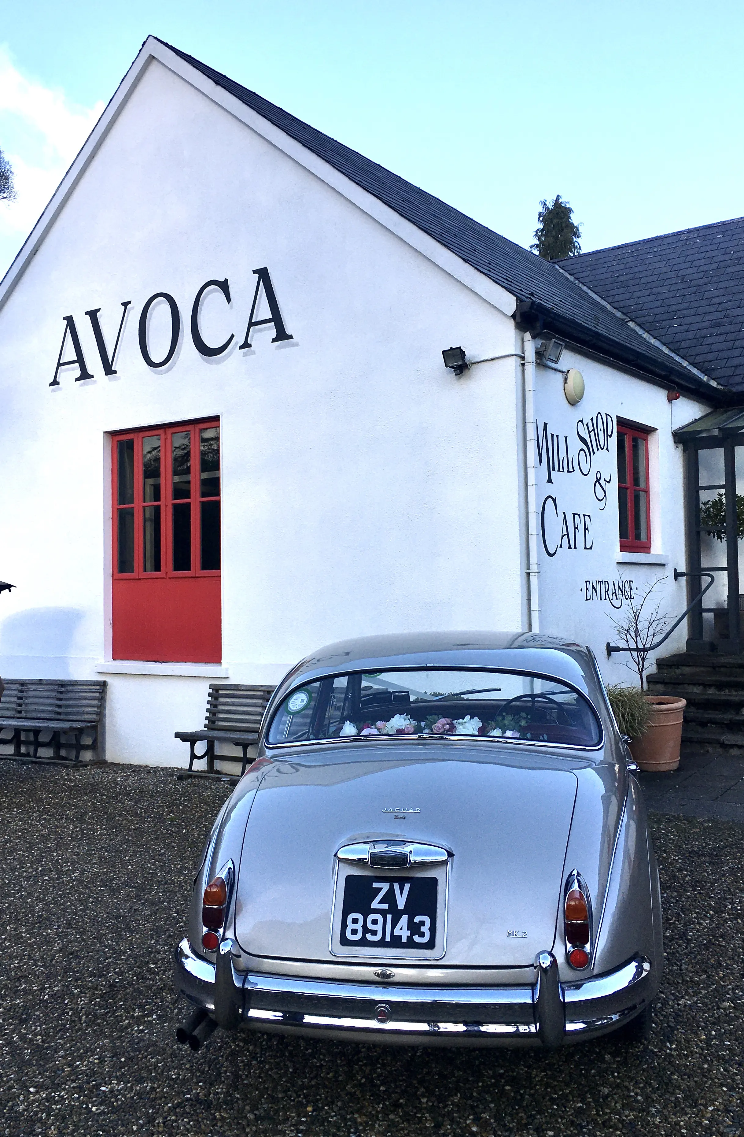 A Classic Jaguar wedding car at Avoca, Wicklow 