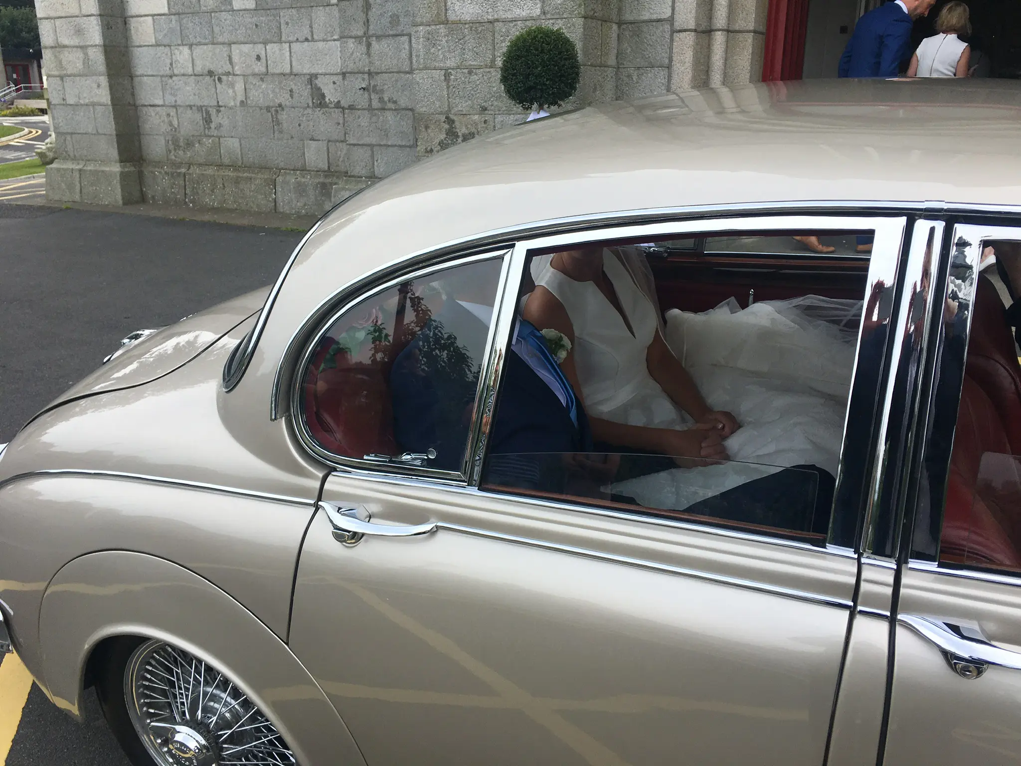 One of our vintage wedding cars at Foxrock Church Dublin”width=