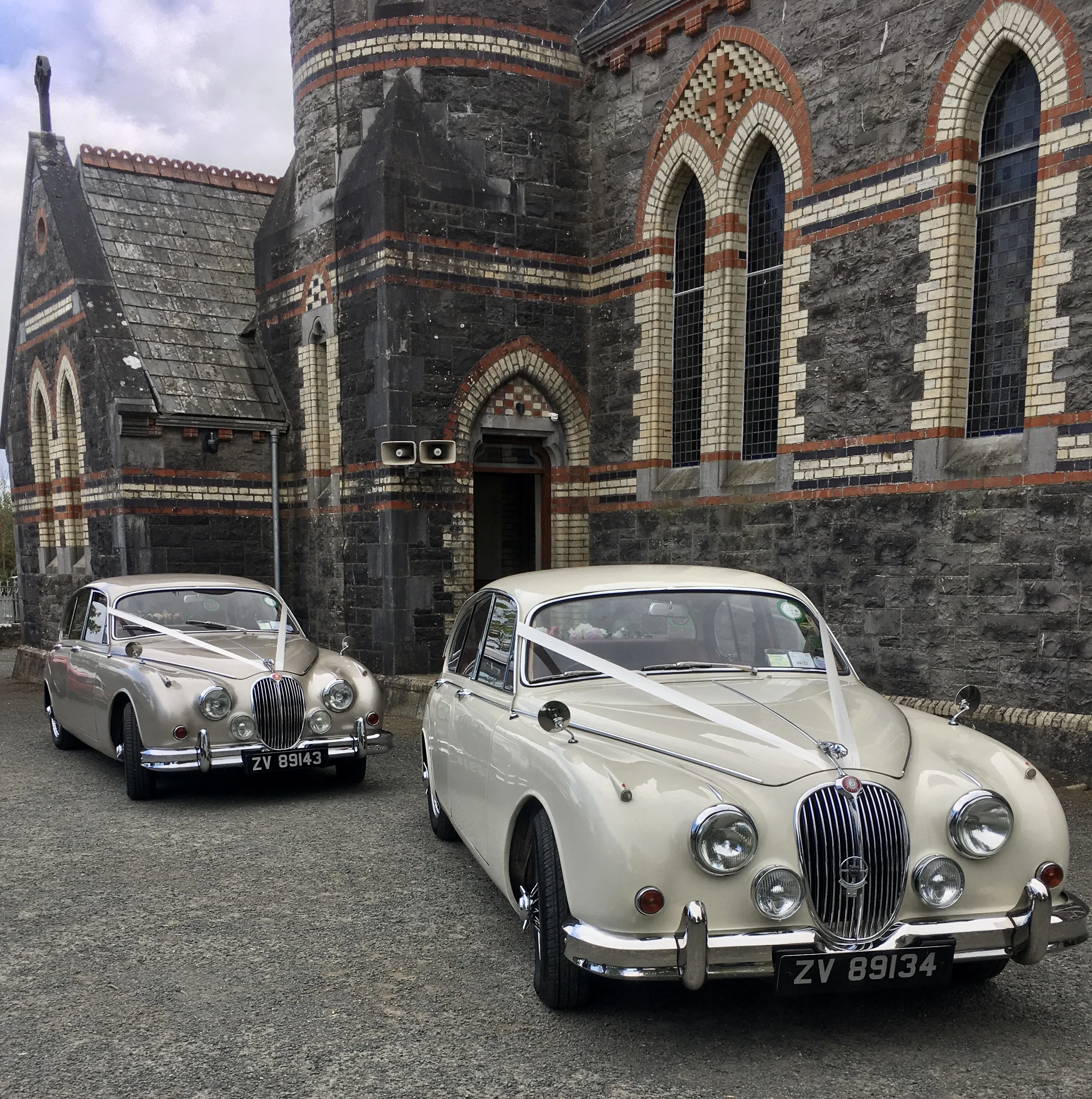 One of our vintage wedding cars at Foxrock Church Dublin”width=
