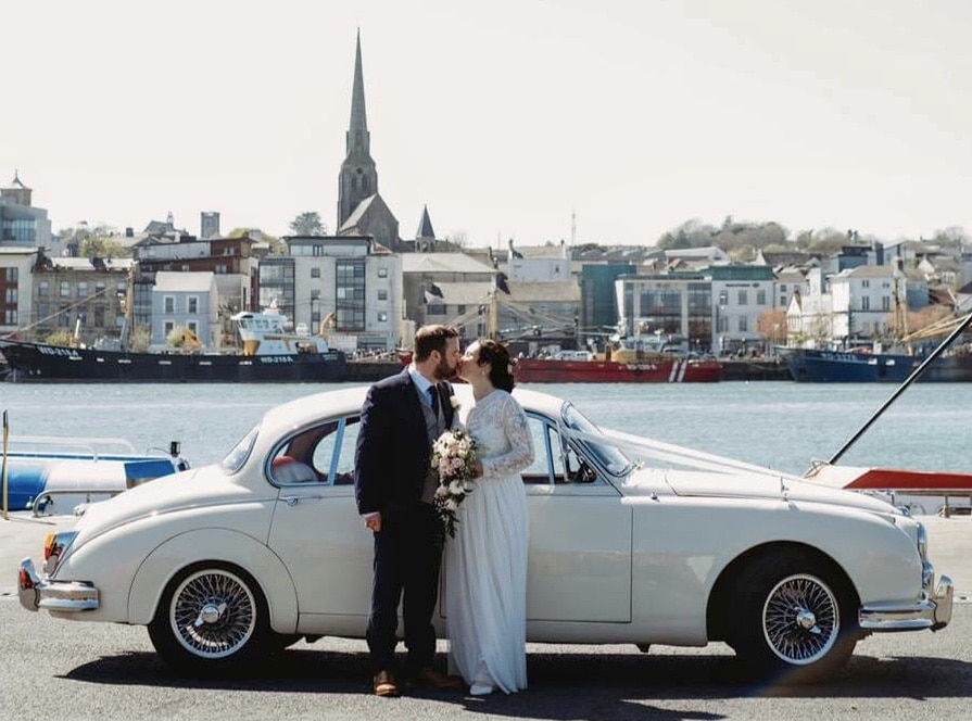 At Wexford with our white Jaguar wedding car 