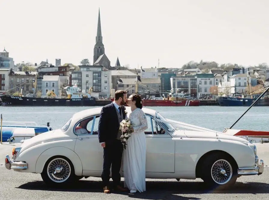 At Wexford with our white Jaguar wedding car 